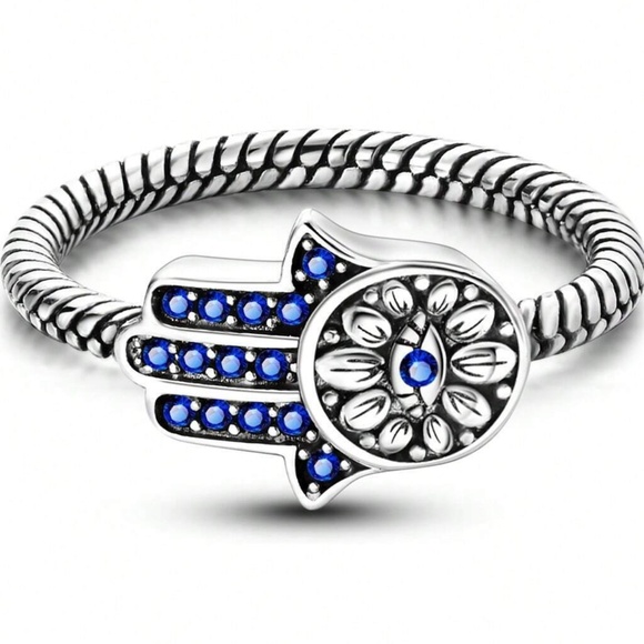 BellanBlue Jewelry - 14k White Gold Plated Hamsa Evil Eye Ring